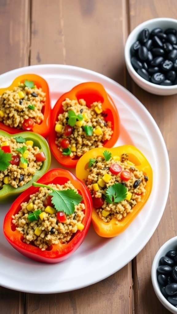 Colorful quinoa unstuffed peppers filled with quinoa, corn, and diced tomatoes, garnished with cilantro on a rustic table.